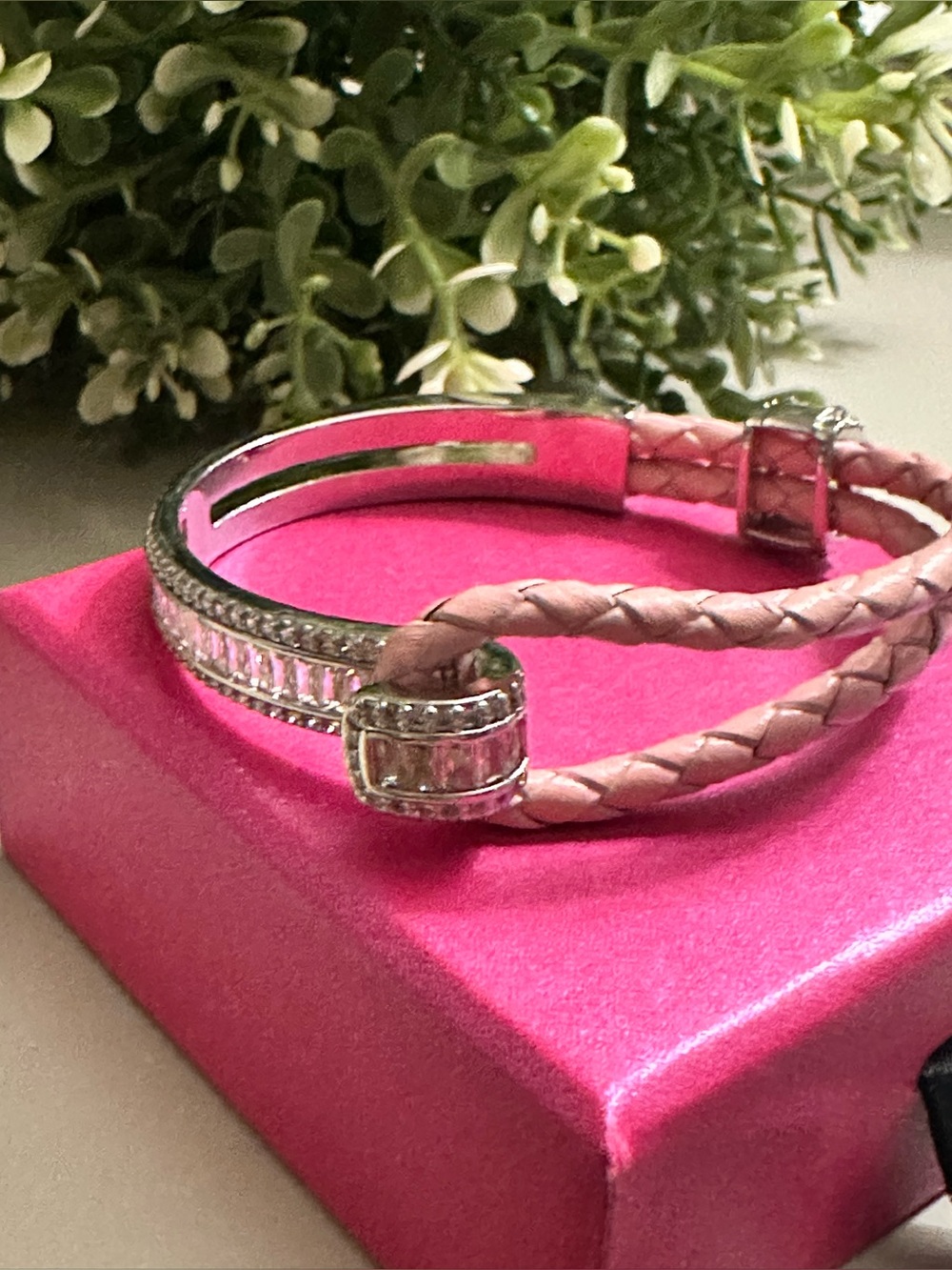 Braided Pink Leather Bracelet with Silver Bar Accent